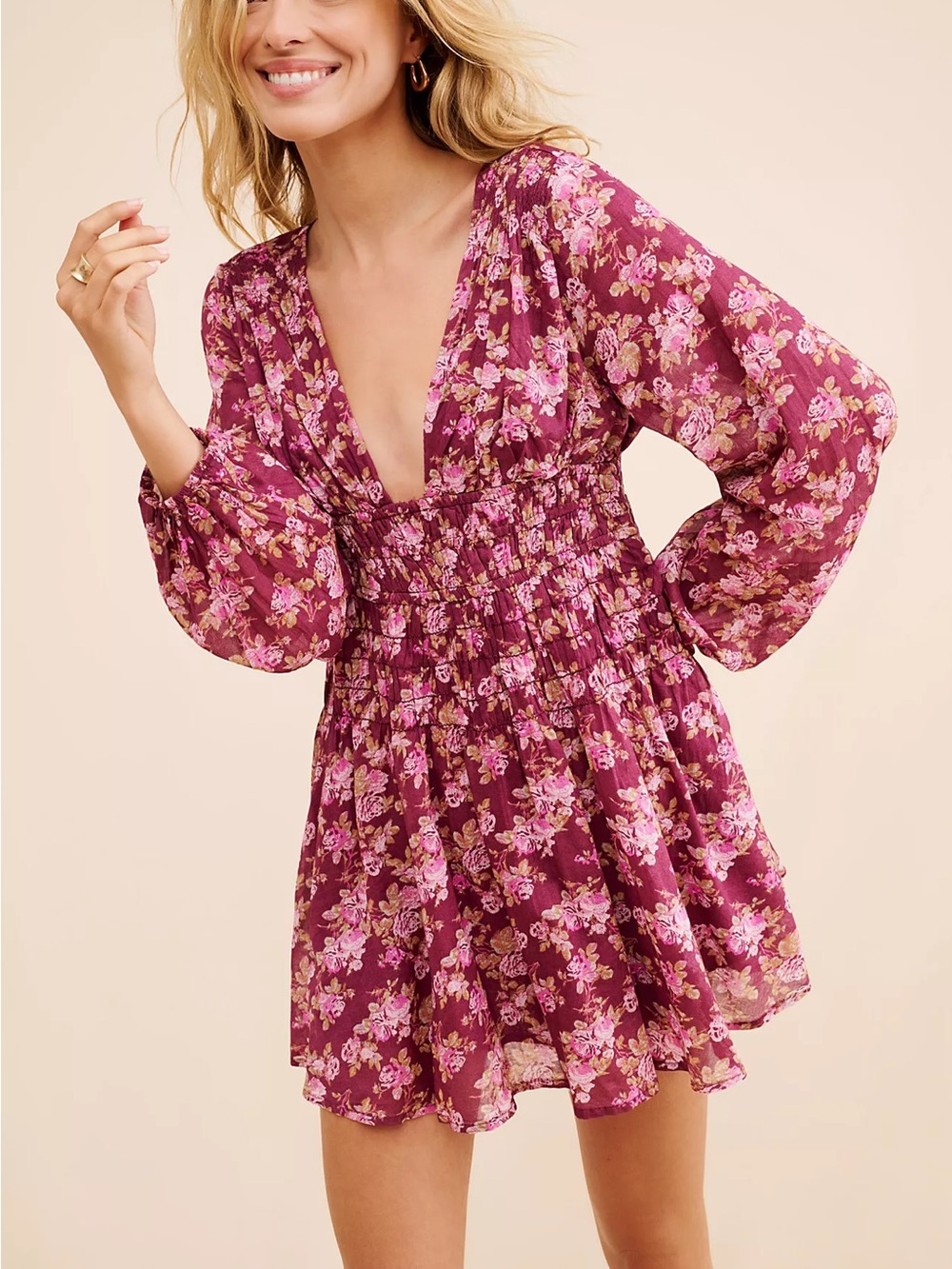 FREE PEOPLE Keep You Mini Dress-Size X-Small-Berry Floral Boho Long Sleeve-NWT